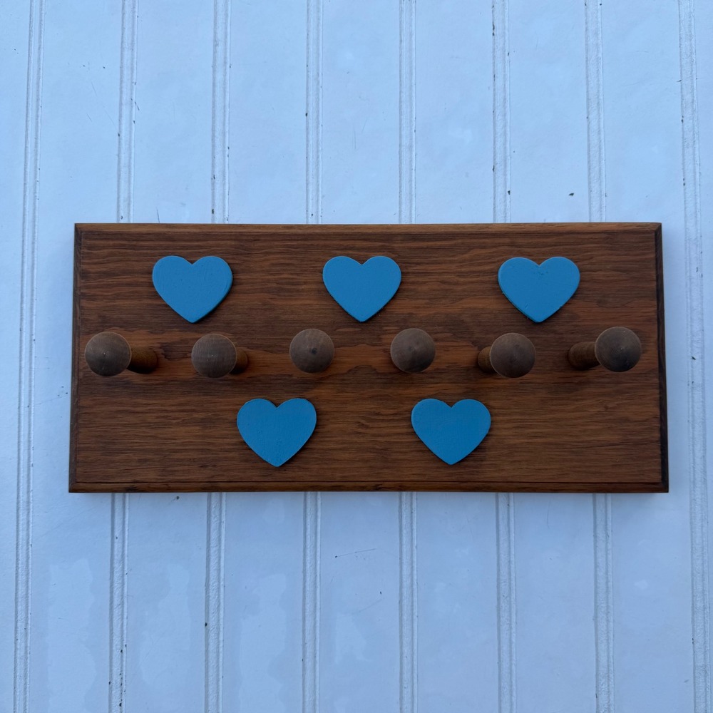 Vintage Handmade Wooden Wall Rack 6 Pegs Blue Hearts Country Farmhouse Decor